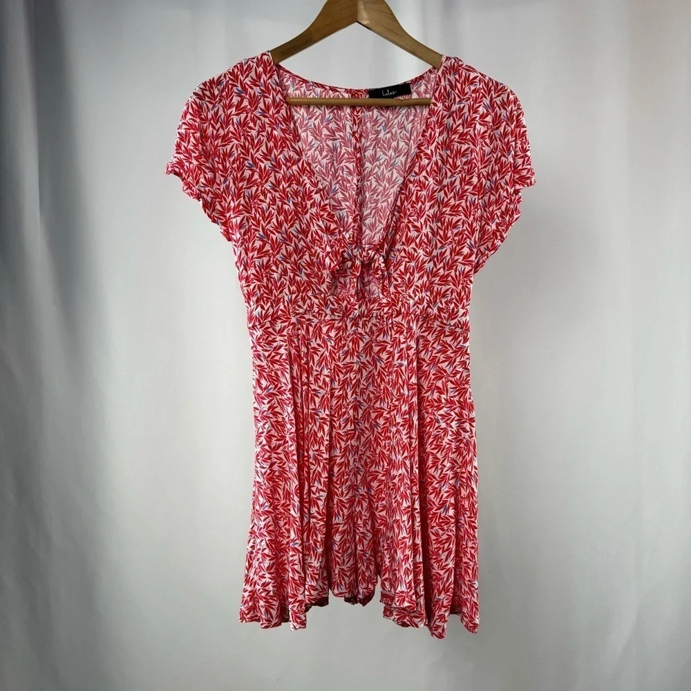 Lulus Dondi Print Tie-Front Short Sleeve Romper in Red and White Size Small - Picture 5 of 13